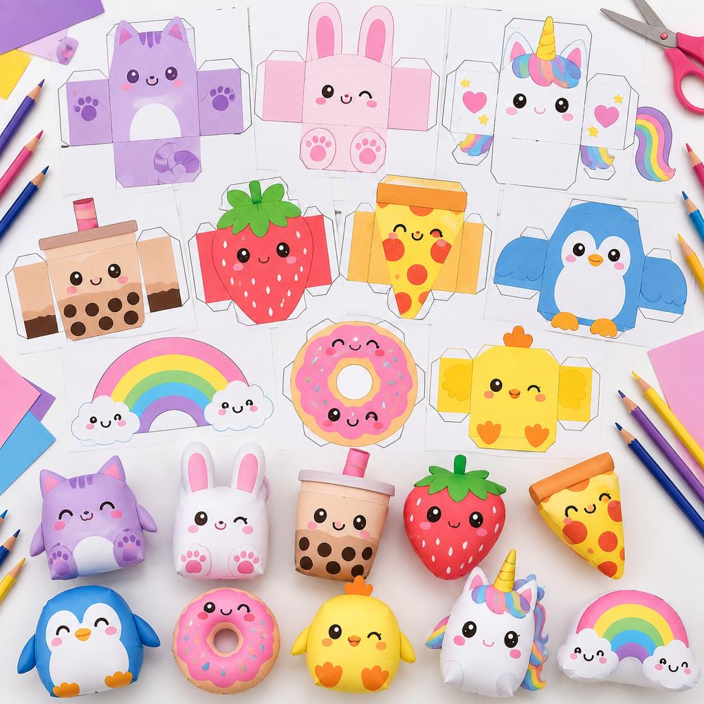 Moldes de animais, comidas e arco-íris ao lado dos paper squishies prontos